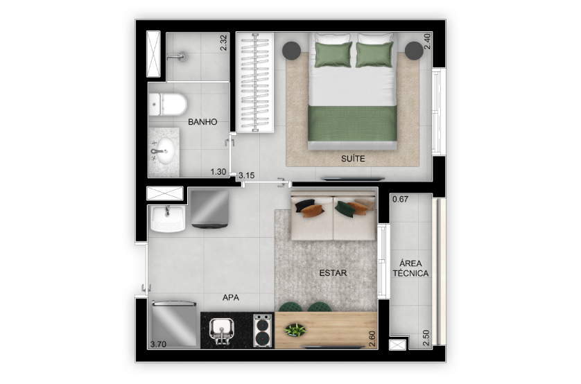 Planta 1 suíte - 26m² - Torre 1 - Final 3 (Perspectiva artística)