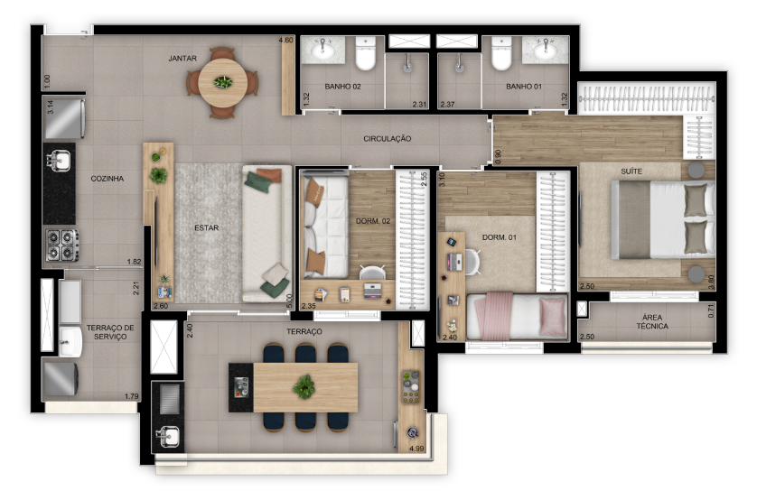 Planta 3 dorms. (1 suíte)  – 84m² - Torre 2 - Final 8 (Perspectiva artística)