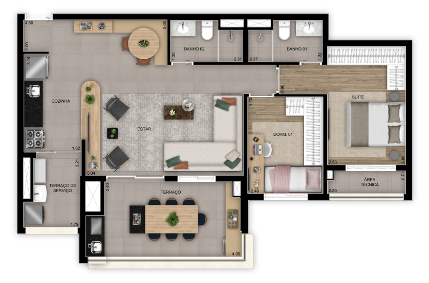 Opção living ampliado 2 dorms. (1 suíte) - 84m² - Torre 2 - Final 8 (Perspectiva artística)