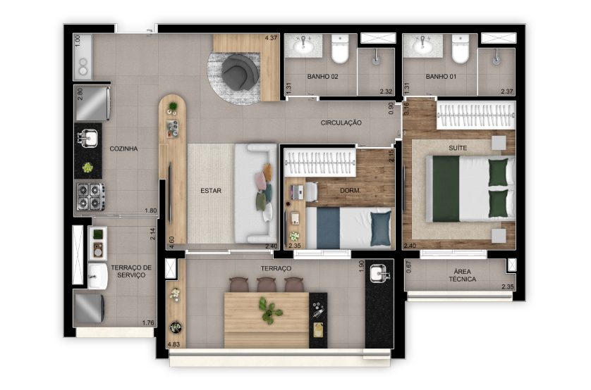 Planta 2 dorms. (1 suíte) - 64m² - Torre 1 - Final 5 (Perspectiva artística)