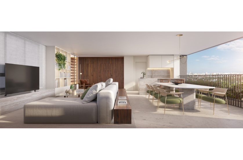 Living integrado ao Terraço do Apartamento de 191m² - Torre 3 (perspectiva artística)