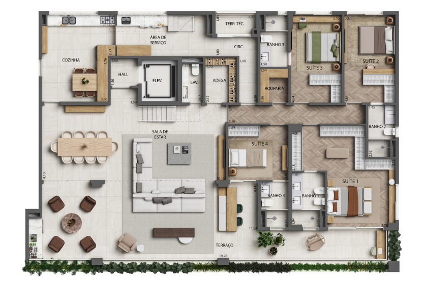 Planta 4 Suítes Duplex Inferior - 562m² - Finais 1 e 2 - Torre 2 (Perspectiva artística)