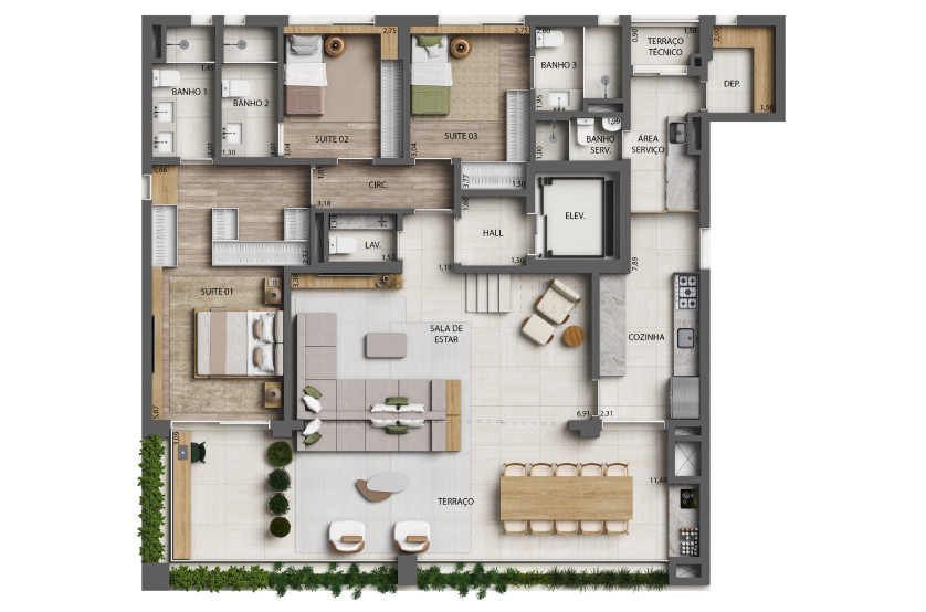 Planta 3 Suítes Duplex Inferior - 344m² - Finais 1 e 2 - Torre 1 (Perspectiva artística)