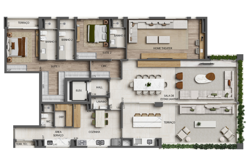 Planta Opção 2 Suítes com sala de Home Theather - 241m² - Final 2 - Torre 3 (Perspectiva artística)