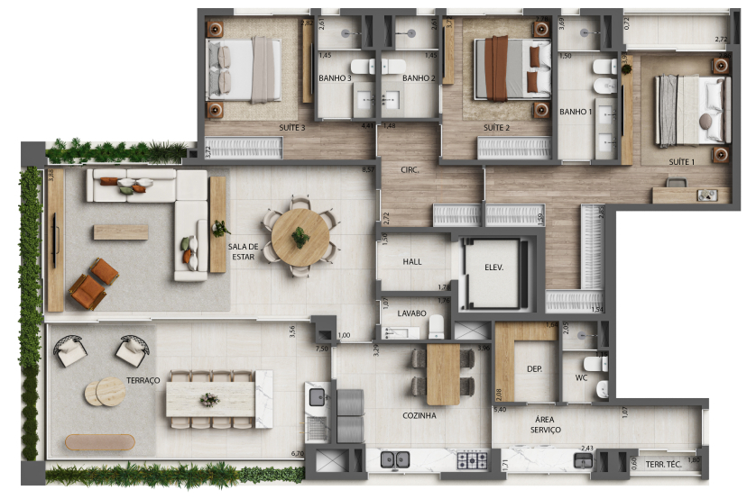 Planta 3 Suítes - 191m² - Final 1 - Torre 3 (Perspectiva artística)