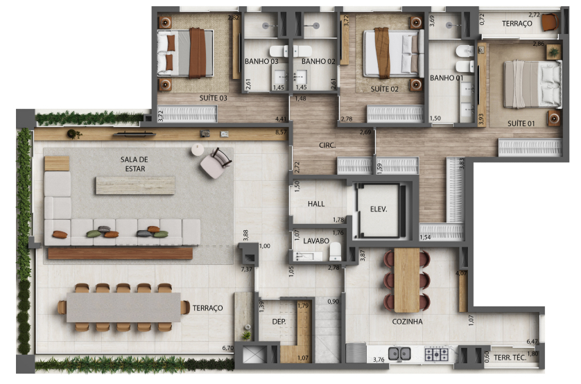 Planta 3 Suítes Duplex Inferior - 380m² - Final 1 - Torre 3 (Perspectiva artística)