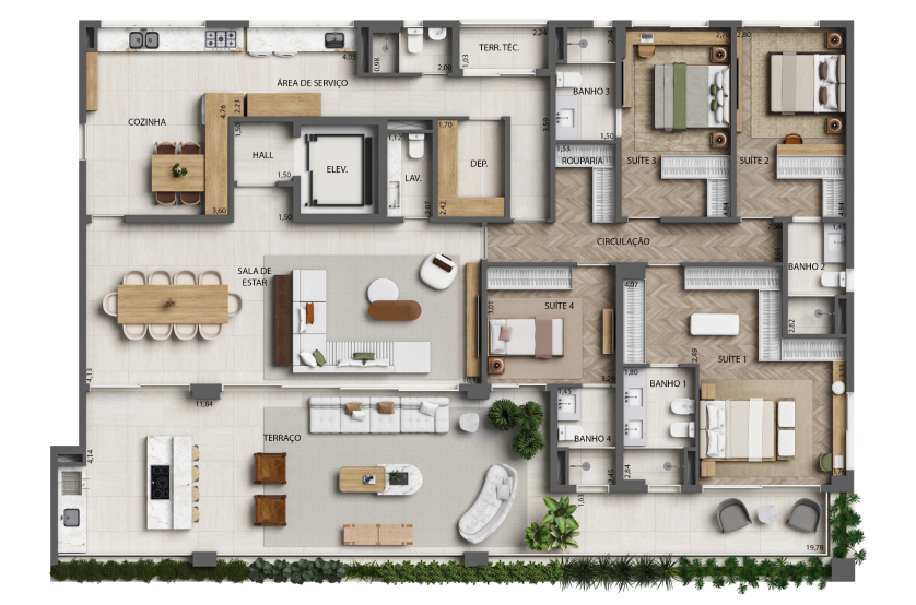 Planta 4 Suítes - 284m² - Finais 1 e 2 - Torre 2 (Perspectiva artística)