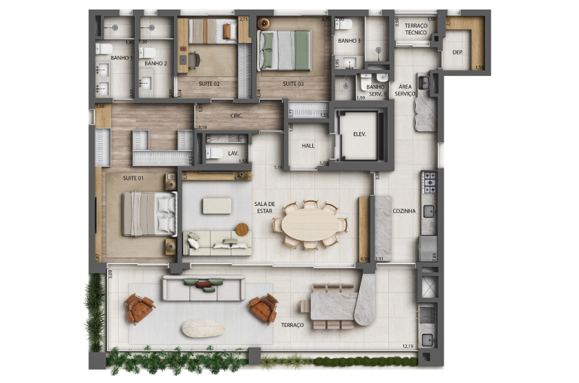 Planta 3 Suítes - 172m² - Finais 1 e 2 - Torre 1 (Perspectiva artística)