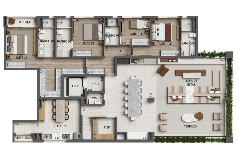 Planta 4 Suítes Duplex Inferior - 475m² - Final 2 - Torre 3 (Perspectiva artística)