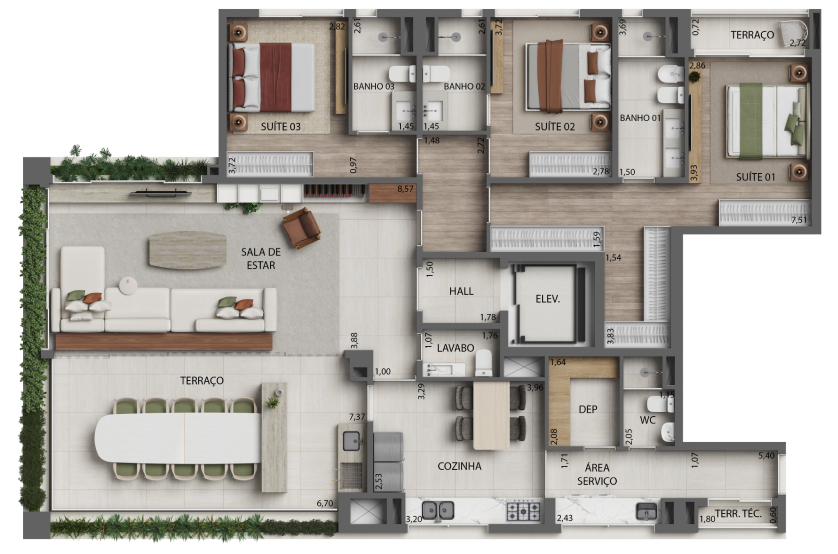 Planta 3 Suítes Opção Living Integrado ao Terraço - 191m² - Final 1 - Torre 3 (Perspectiva artística)