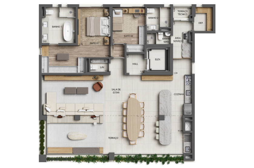 Planta 2 Suítes Opção Living Ampliado - 172m² - Finais 1 e 2 - Torre 1 (Perspectiva artística)