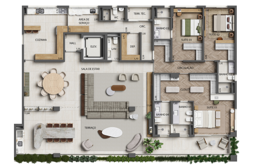 Planta 3 Suítes Opção Living Integrado ao Terraço - 284m² - Finais 1 e 2 - Torre 2 (Perspectiva artística)