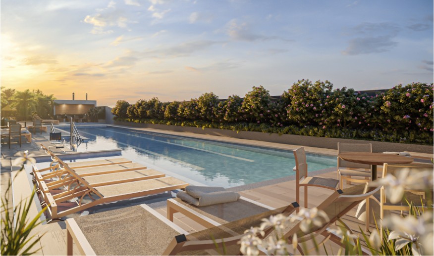 Piscina adulto com raia de 25m e deck molhado, piscina infantil, bar e solarium (Perspectiva artística)