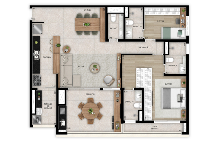 Opção ampliada - 2 suítes com lavabo - 118m² (Perspectiva artística)