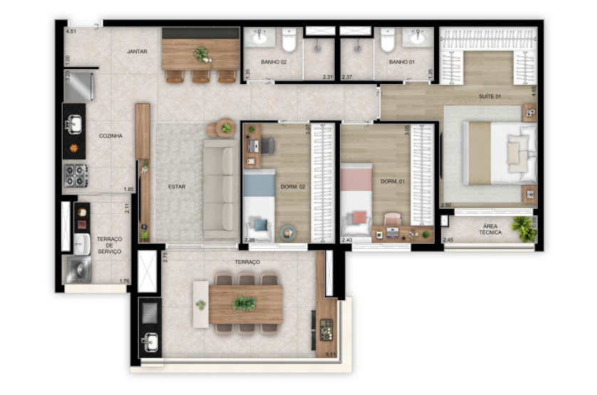 Planta de 3 dorms. (1 suíte) - 91m² (Perspectiva artística)