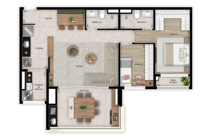 Opção living ampliado - 2 dorms. (1 suíte) - 91m² (Perspectiva artística)