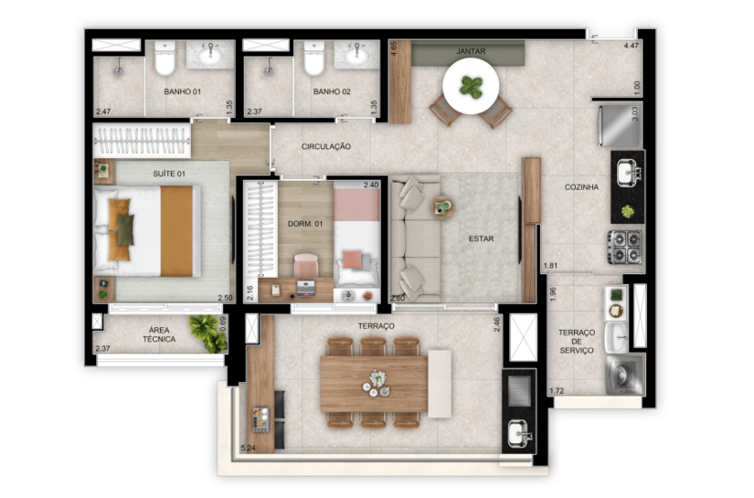 Planta de 2 dorms. (1 suíte) - 69m² (Perspectiva artística)