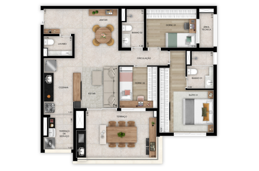 Planta 3 dorms. (1 suíte) com lavabo - 97m² (Perspectiva artística)