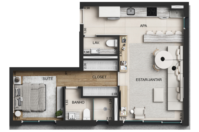 1 Suíte 56m² (Perspectiva preliminar)