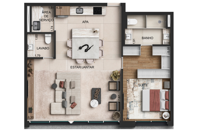 1 Suíte Opção Ampliada 78m² (Perspectiva preliminar)