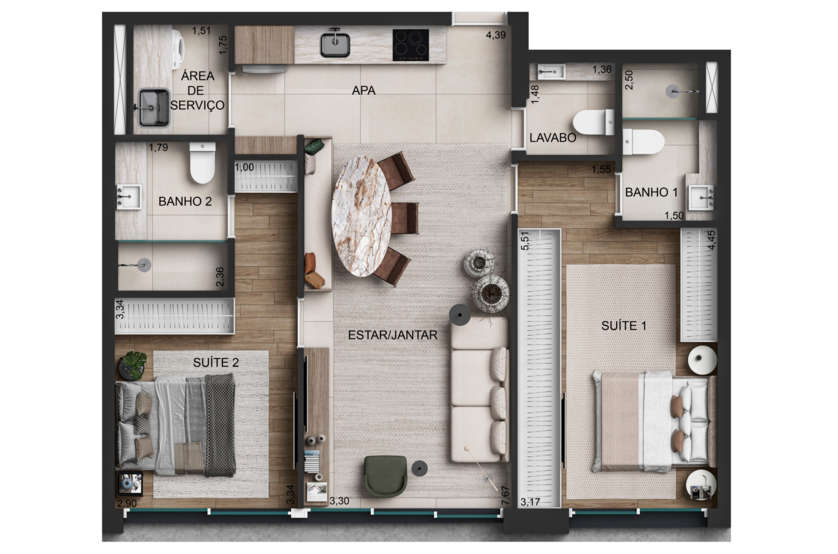 2 Suítes 78m² (Perspectiva preliminar)