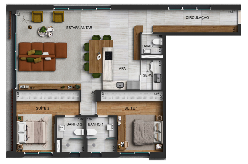 2 Suítes 107m² (Perspectiva preliminar)