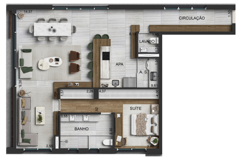 1 Suíte opção ampliada 107m² (Perspectiva preliminar)