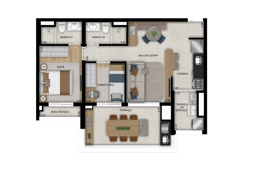 Planta de 2 dorms. (1 suíte) - 70m² (Perspectiva artística)