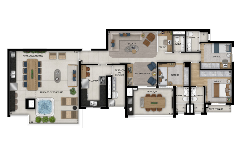 Planta penthouse de 3 suítes - 173m² (Perspectiva artística)  