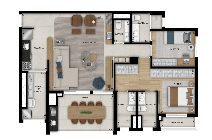 Planta opção 2 suítes com banheiro sr. e sra. - 103m² (Perspectiva artística) 