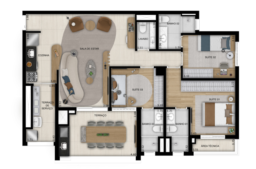 Planta de 3 suítes - 103m² (Perspectiva artística)