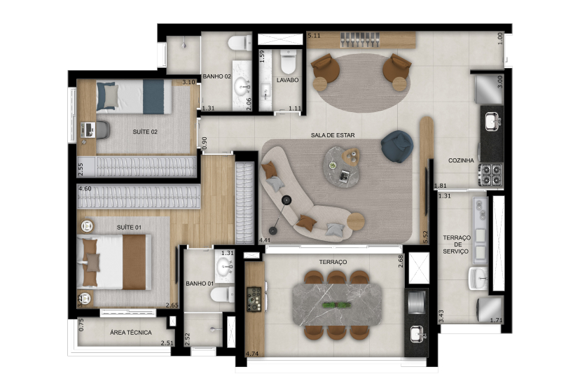 Planta opção 2 suítes - 92m² (Perspectiva artística) 