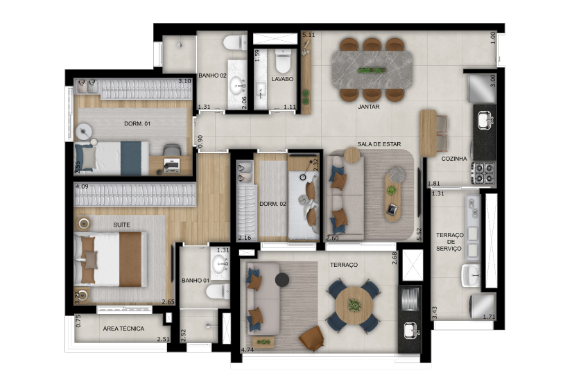 Planta de 3 dorms. (2 suítes) com lavabo - 92m² (Perspectiva artística) 