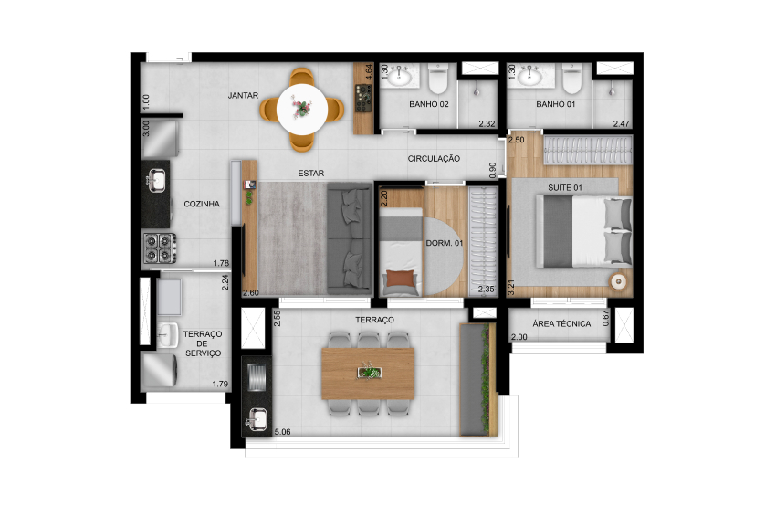 2 dorms. (1 suíte) do apto. de 69m² - Finais 5 e 9 (Perspectiva artística)