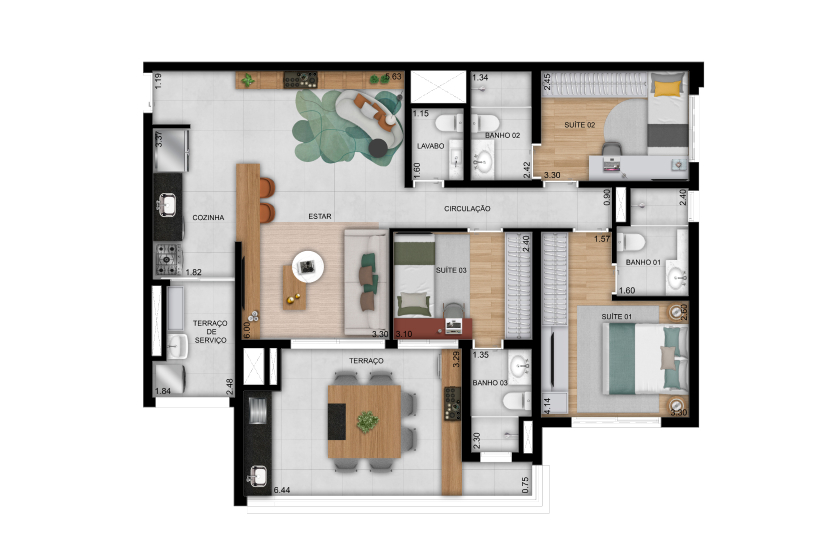 3 suítes com lavabo do apto. de 109m² - Final 02 (Perspectiva artística) 