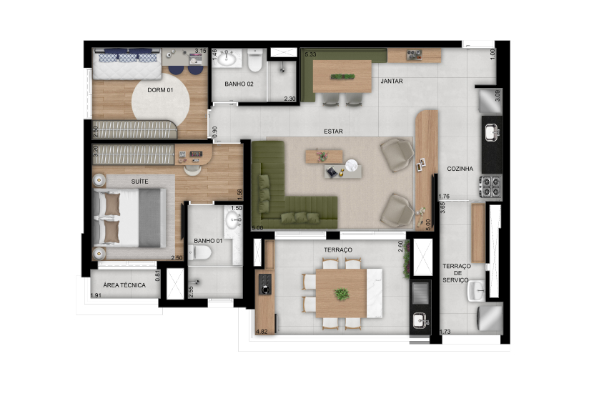 Opção ampliada 2 dorms. (1 suíte) - 88m² - Torre 1, Final 1 (Perspectiva artística)