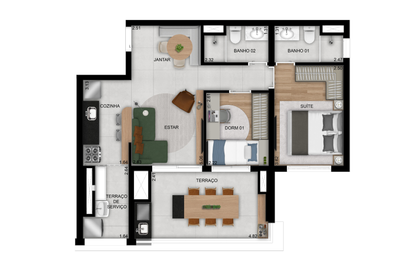 2 dorms. (1 suíte) - 67m² - Torre 1, Final 3 (Perspectiva artística)