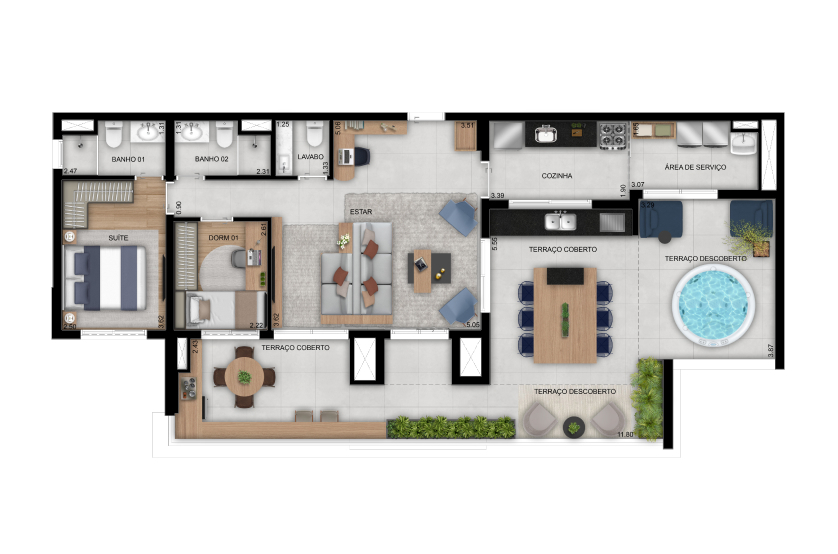 2 dorms. (1 suíte) com lavabo - Penthouse - 128m² - Torre 1 (Perspectiva artística)