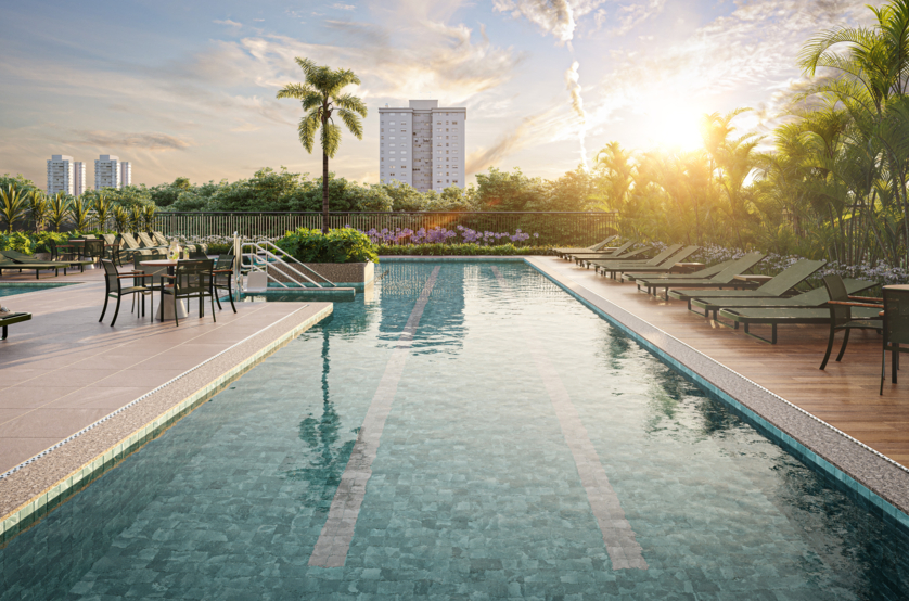 Piscina adulto e infantil, solarium, bar da piscina e deck molhado - Área exclusiva do residencial (Perspectiva artística)