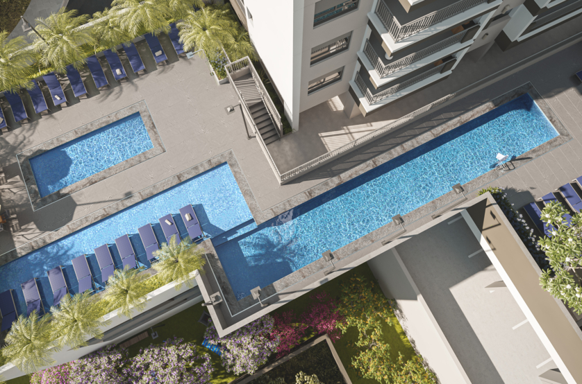 Piscina adulto e infantil com solarium - Torre 1 (Perspectiva artística)