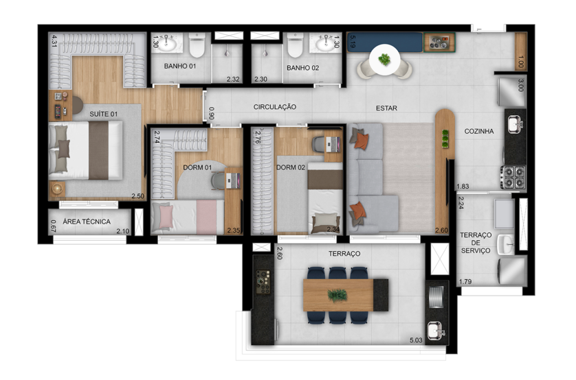 3 dorms. (1 suíte) do apto. de 86m² - Final 10 (Perspectiva artística) 