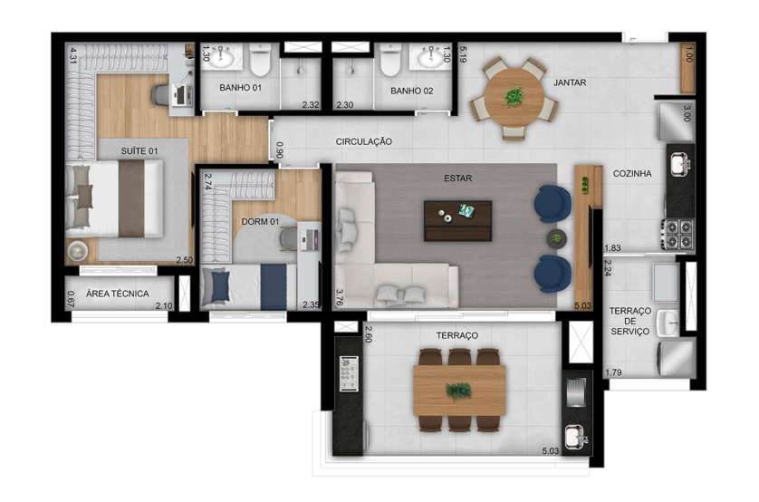 Opção ampliada 2 dorms. (1 suíte) do apto. de 86m² - Final 10 (Perspectiva artística) 