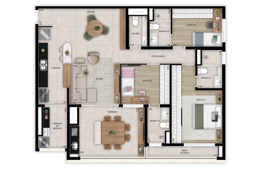 Planta de 3 suítes com lavabo - 118m² (Perspectiva artística)