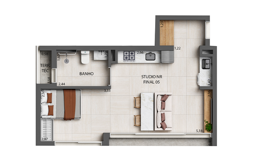 Planta Studio - 41m² - Final 05 (Perspectiva artística)