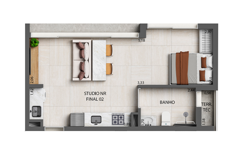 Planta Studio - 37m² - Final 02 (Perspectiva artística)