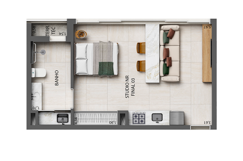 Planta Studio - 37m² - Final 03 (Perspectiva artística)