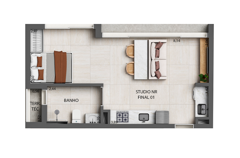 Planta Studio - 37m² - Final 01 (Perspectiva artística)