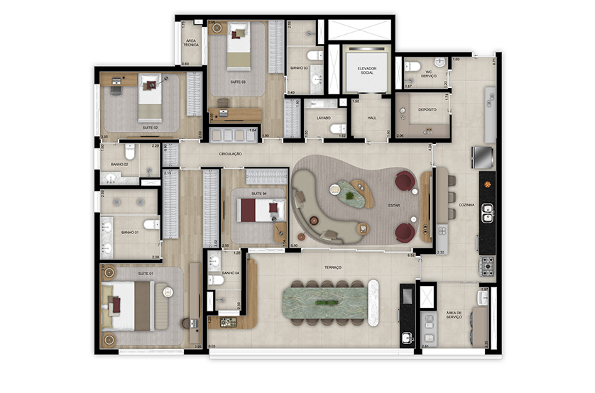 Planta de 4 suítes com lavabo - 184m² - Torre 1 (Perspectiva artística)