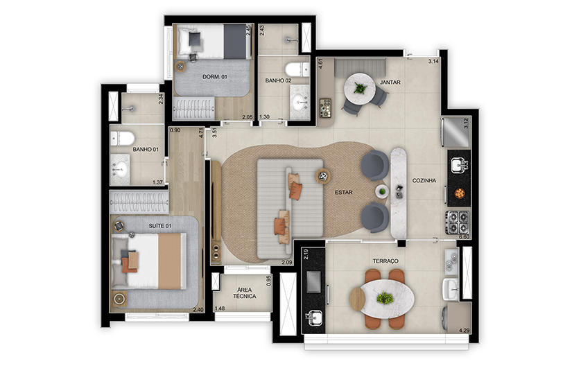 Planta de 2 dorms. (1 suíte) Opção ampliado - 68m² - Torre 3 (Perspectiva artística)