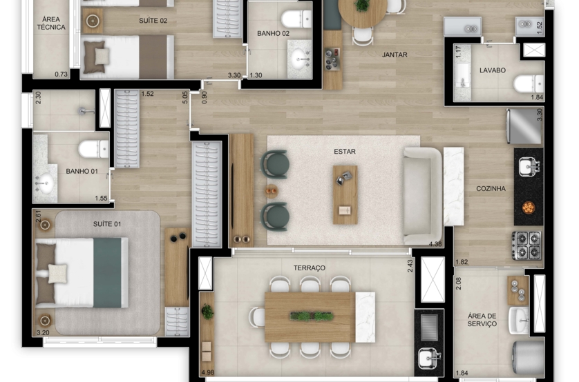 Planta de 2 suítes com lavabo - 91m² - 5º ao 26º pavimento (Perspectiva artística)  